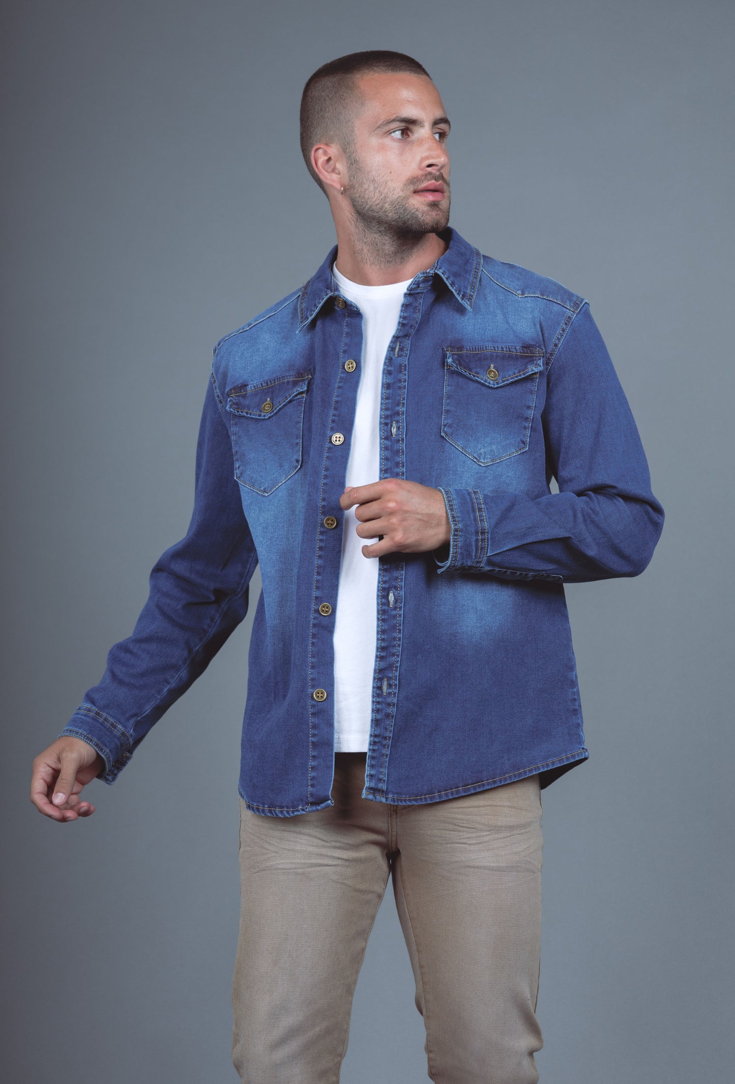 Chemise Jeans Manche Longue Bleu Brut
