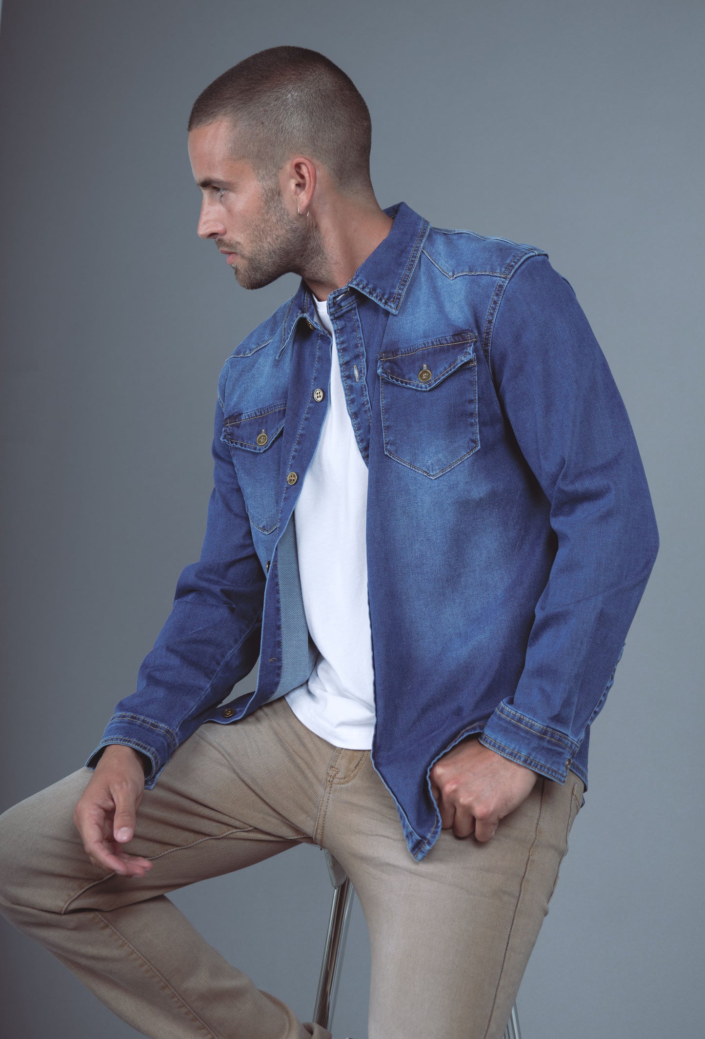 Chemise Jeans Manche Longue Bleu Brut