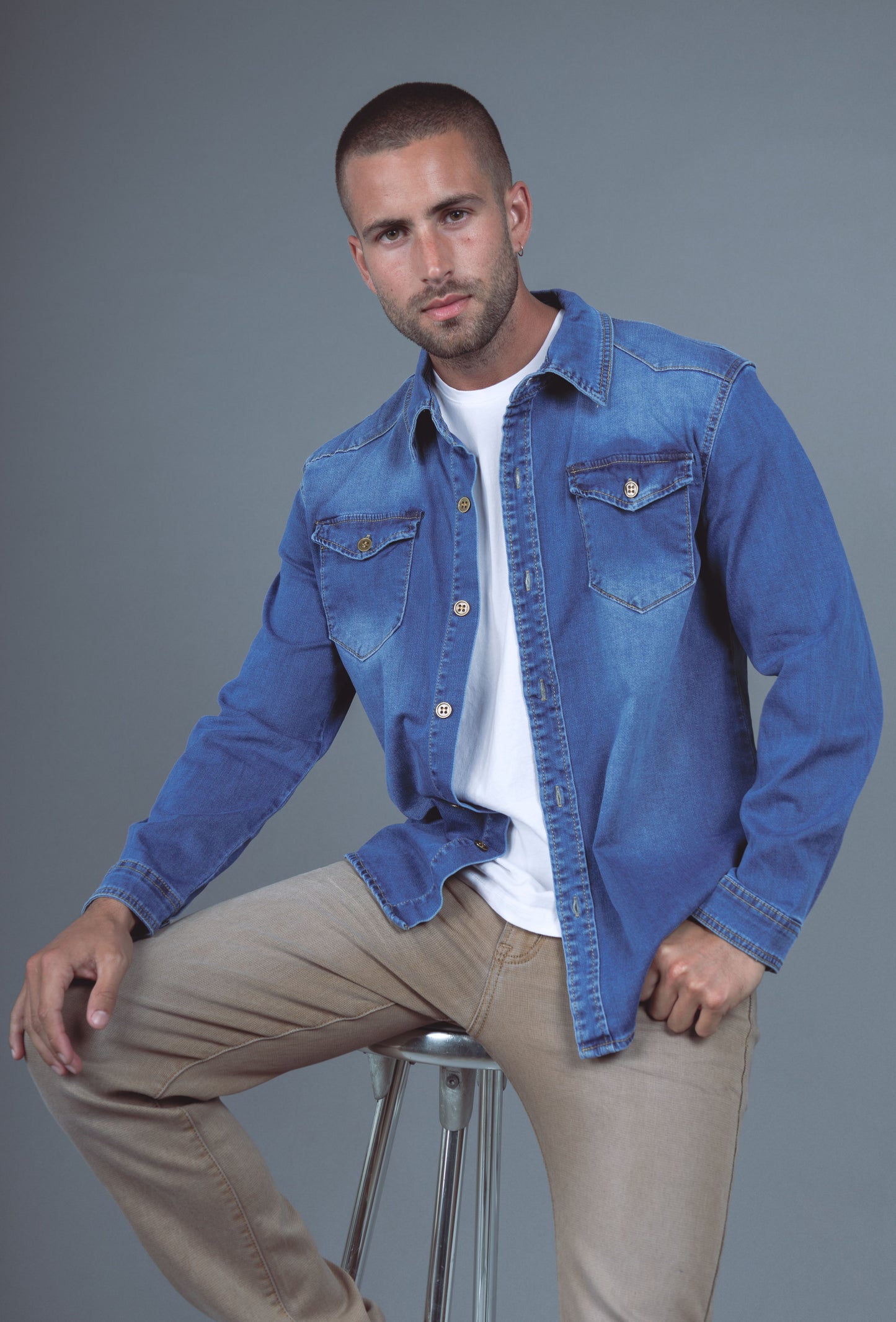 Chemise Jeans Manche Longue Bleu Délavé