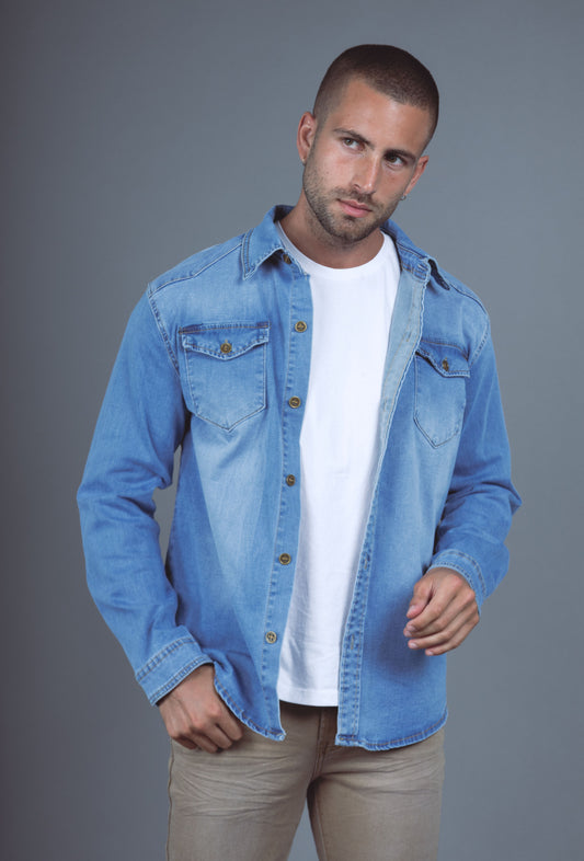 Chemise Jeans Manche Longue Bleu Clair
