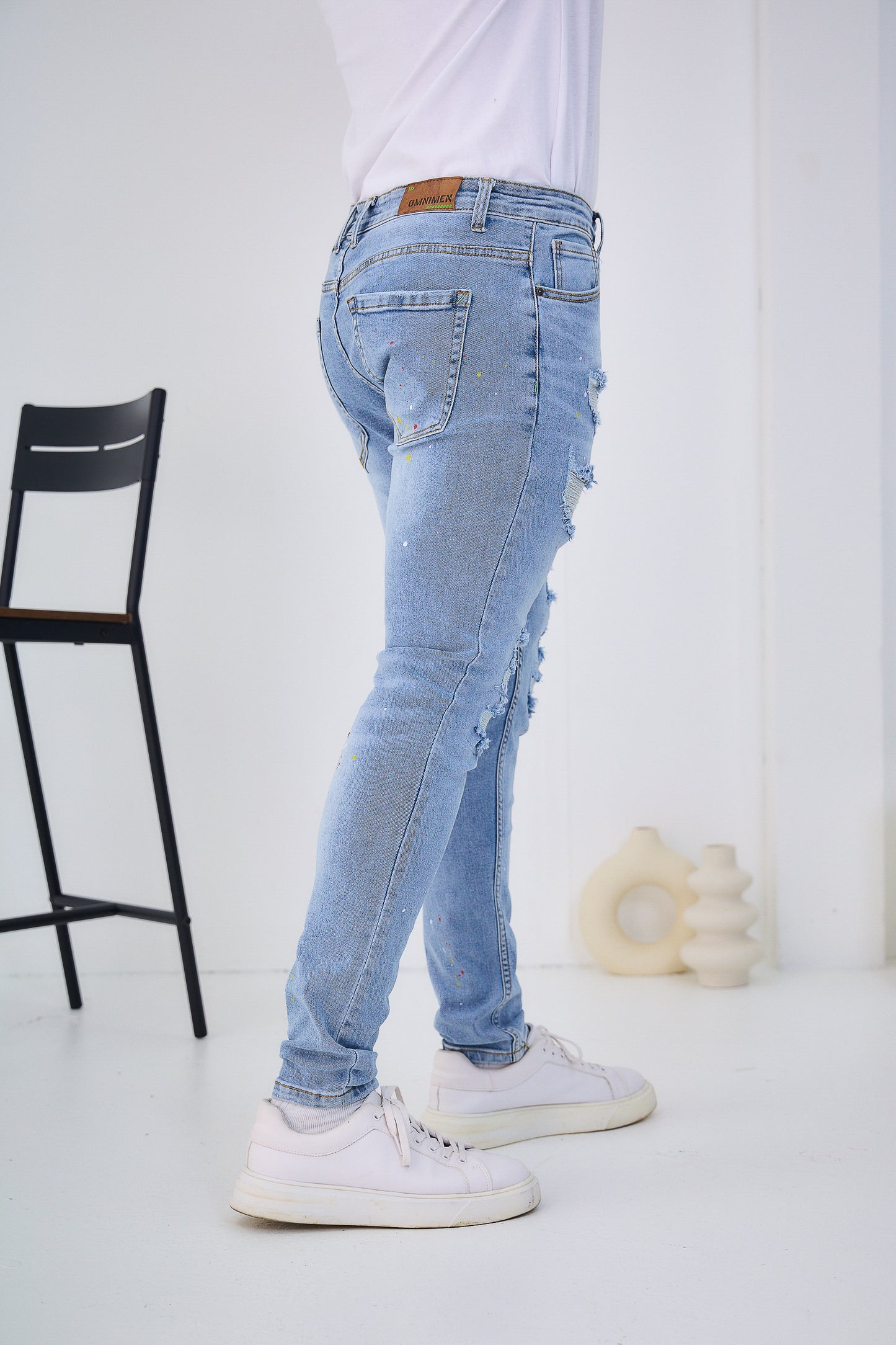 Jeans Denim Homme Déchiré Peinture avec crochet de corde orange C242
