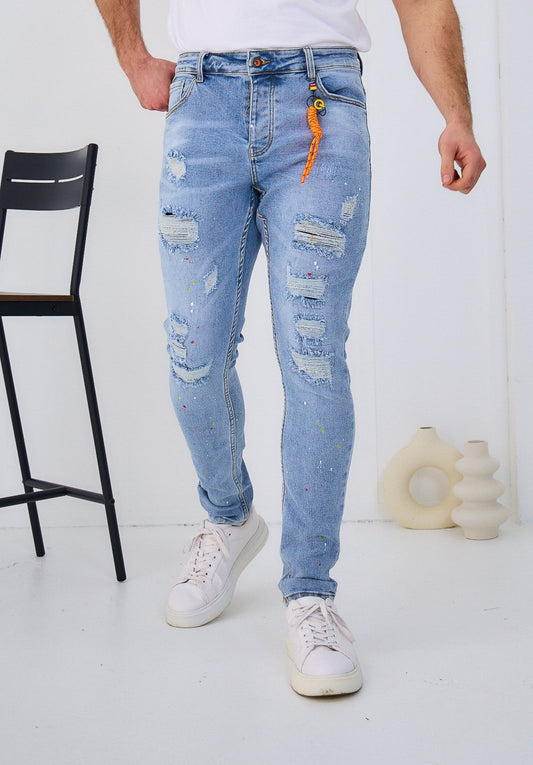 Jeans Denim Homme Déchiré Peinture avec crochet de corde orange C242