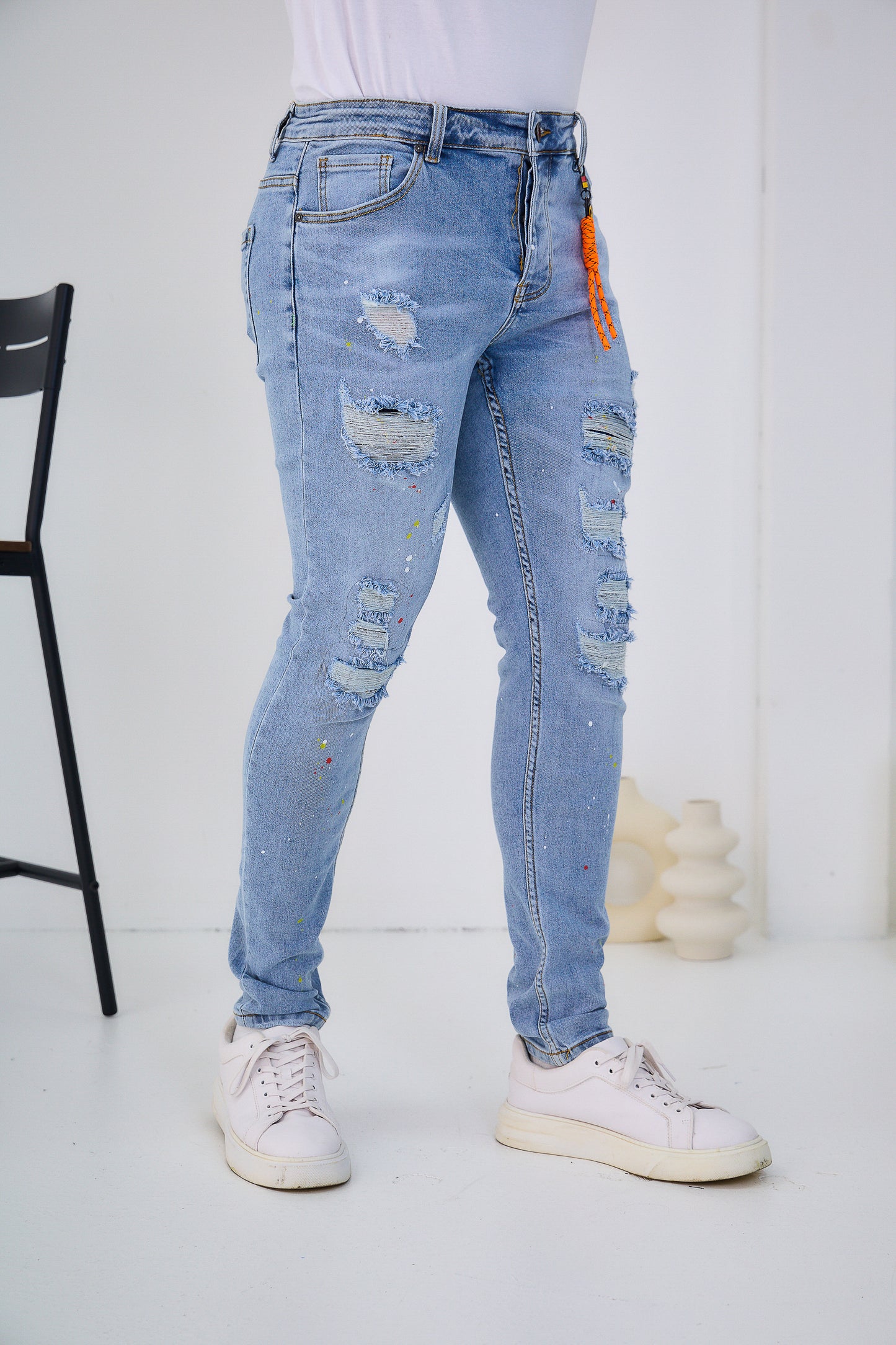 Jeans Denim Homme Déchiré Peinture avec crochet de corde orange C242