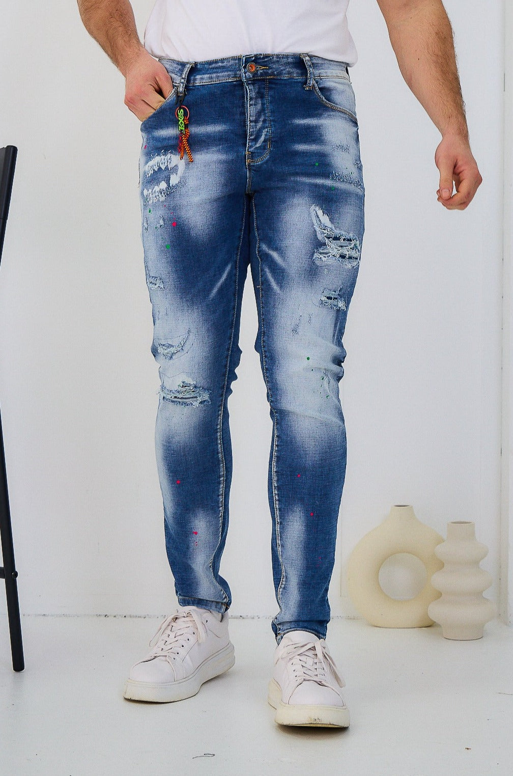 Jeans Denim Homme OMNIMEN Bleu Déchiré Peinture C251