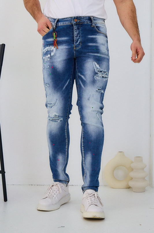 Jeans Denim Homme OMNIMEN Bleu Déchiré Peinture C251