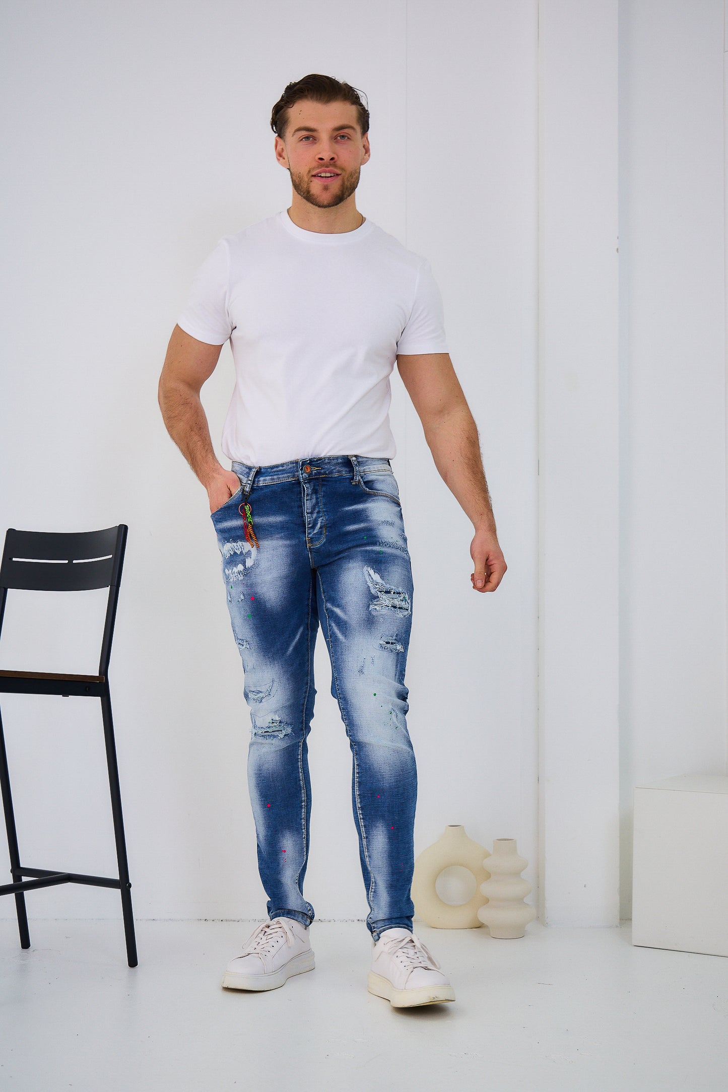 Jeans Denim Homme OMNIMEN Bleu Déchiré Peinture C251