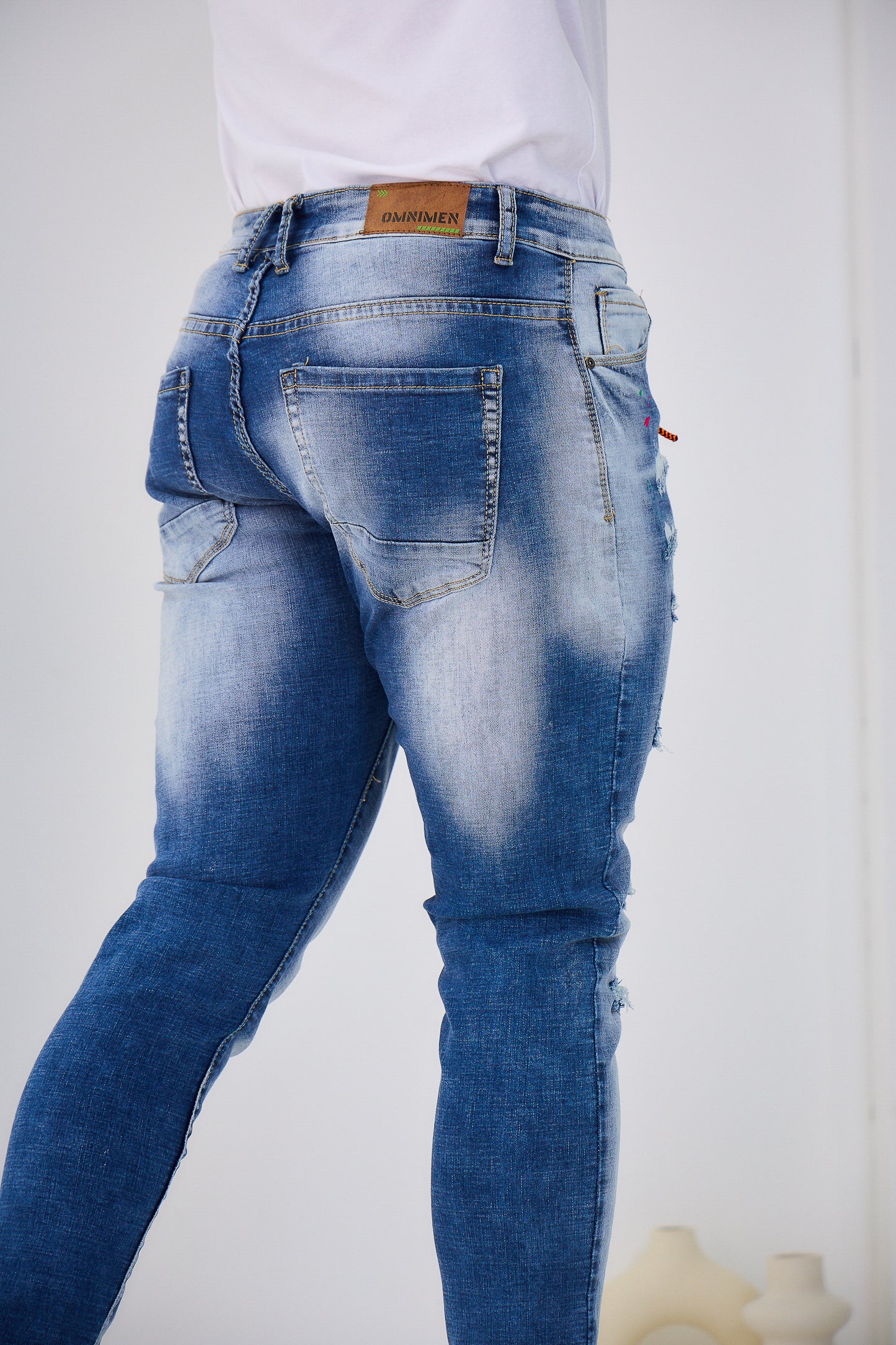 Jeans Denim Homme OMNIMEN Bleu Déchiré Peinture C251