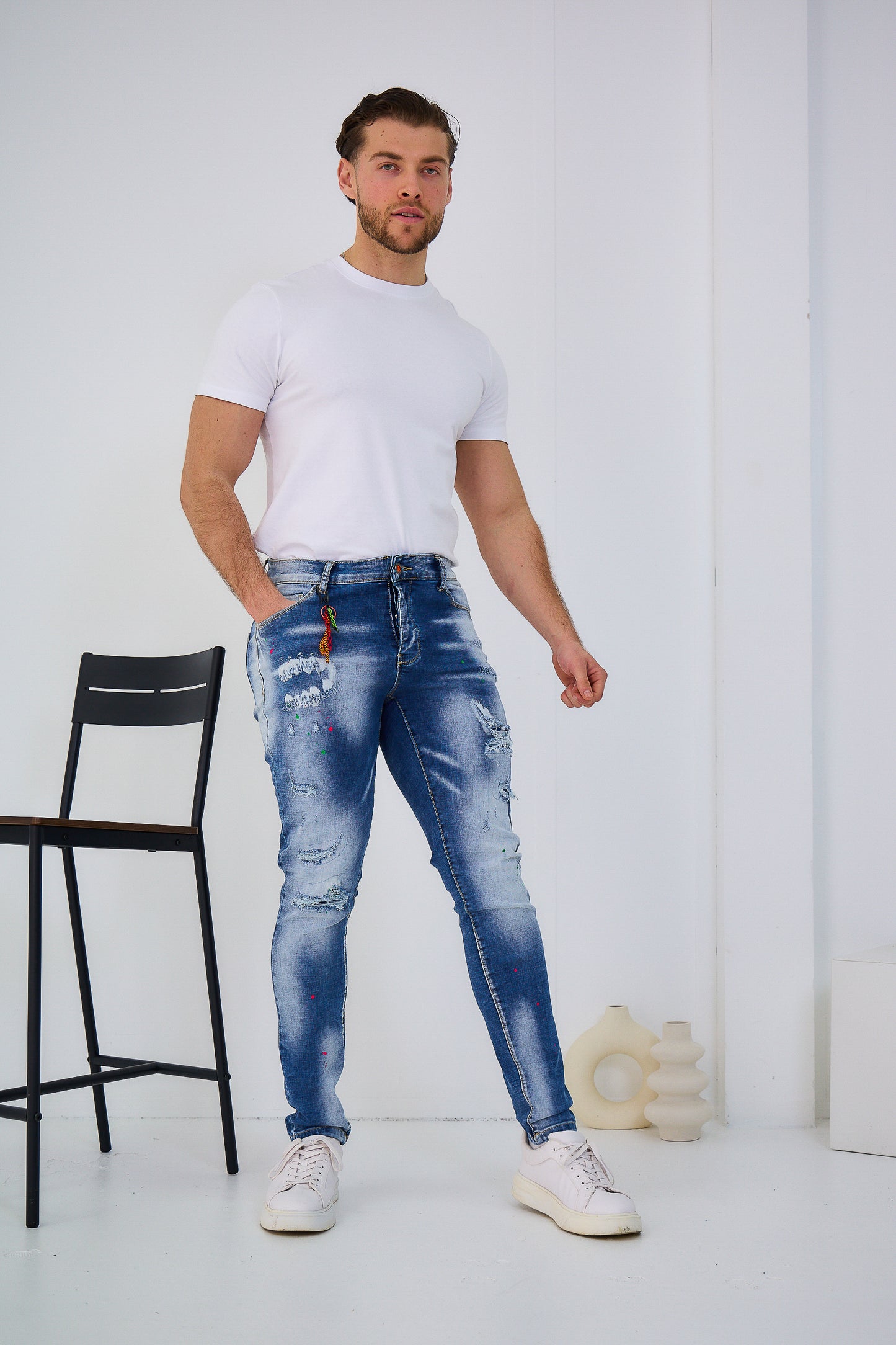 Jeans Denim Homme OMNIMEN Bleu Déchiré Peinture C251