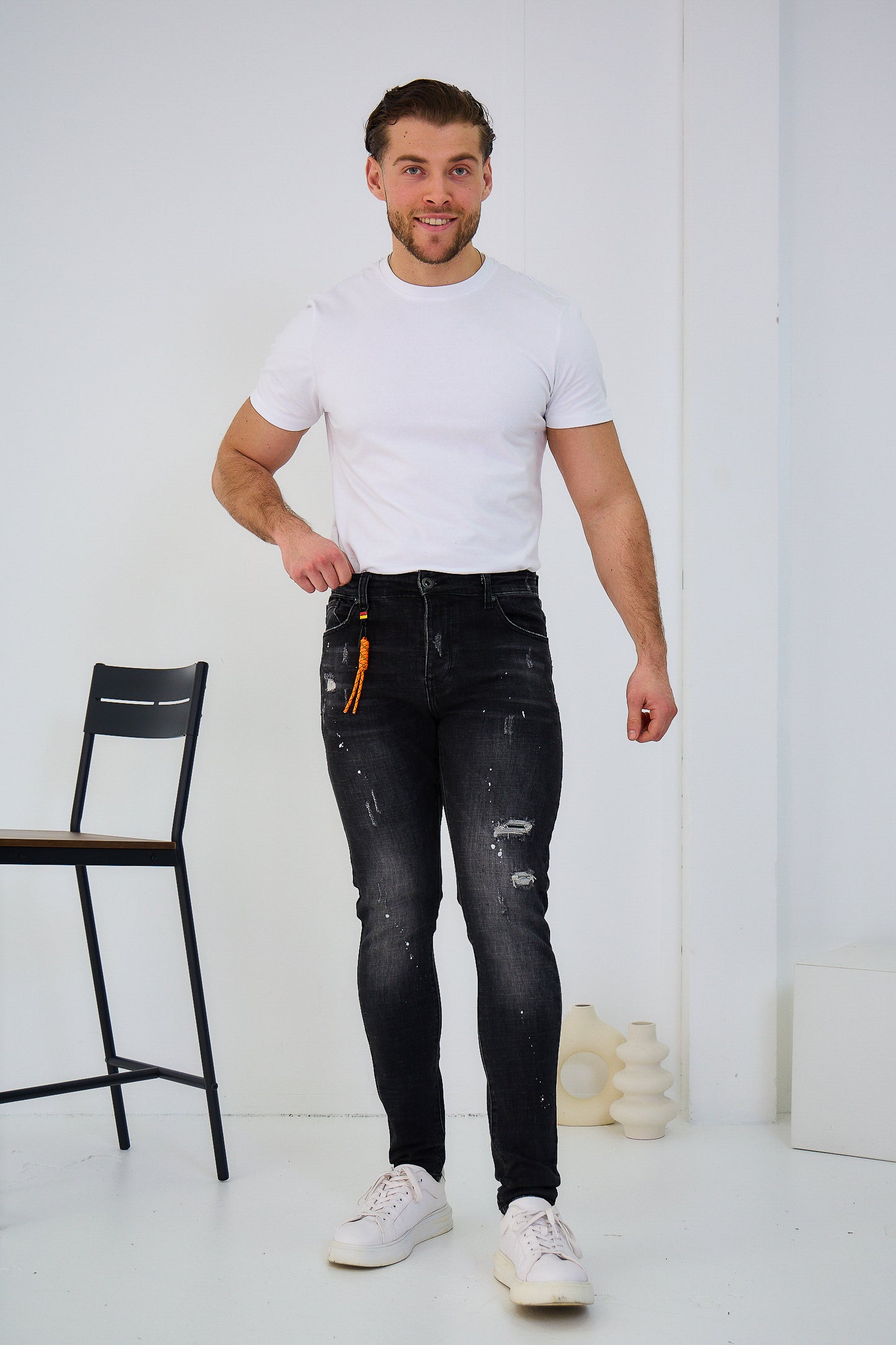 Jeans Homme Déchiré Noir Délaver Peinture Blanc C253