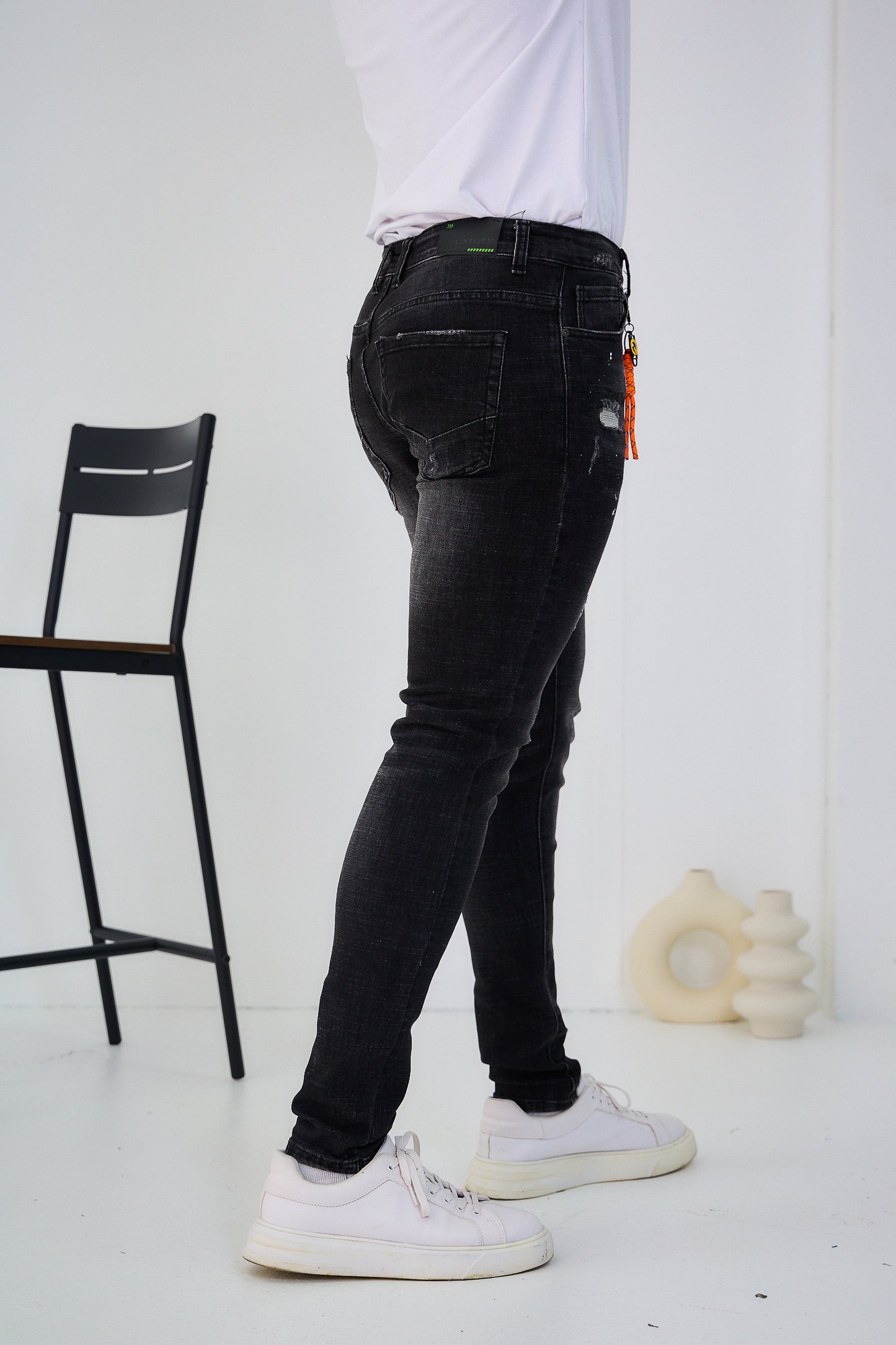 Jeans Homme Déchiré Noir Délaver Peinture Blanc C253