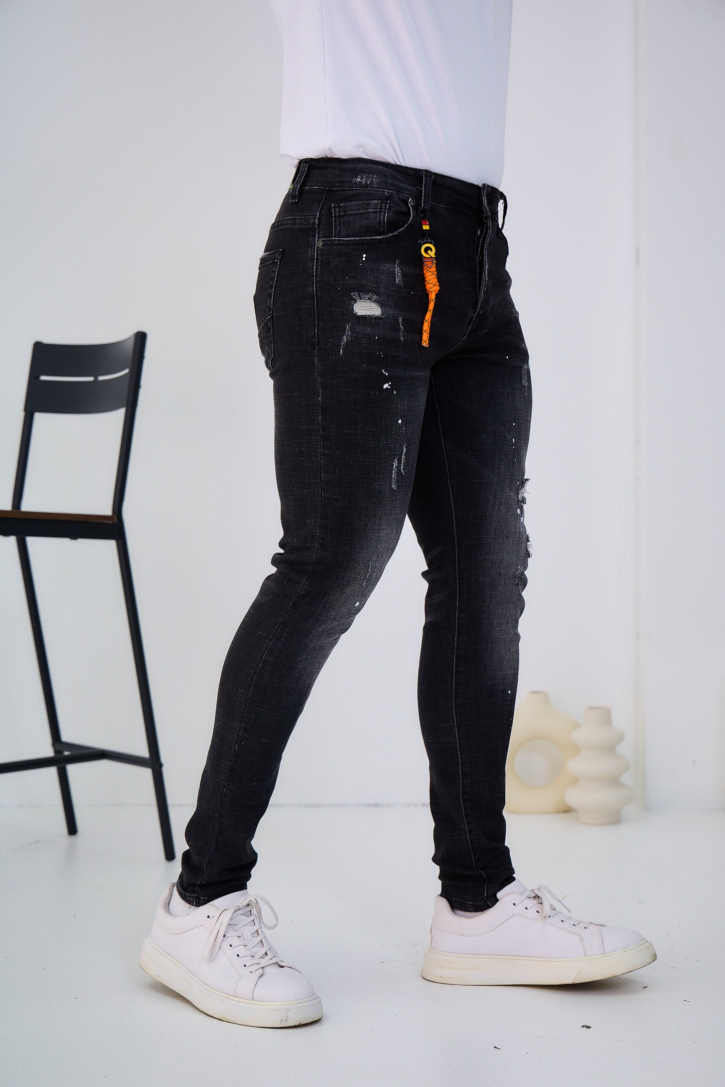 Jeans Homme Déchiré Noir Délaver Peinture Blanc C253