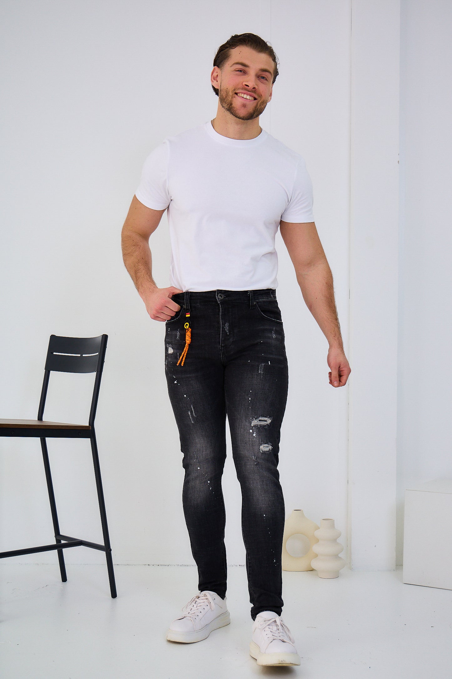 Jeans Homme Déchiré Noir Délaver Peinture Blanc C253
