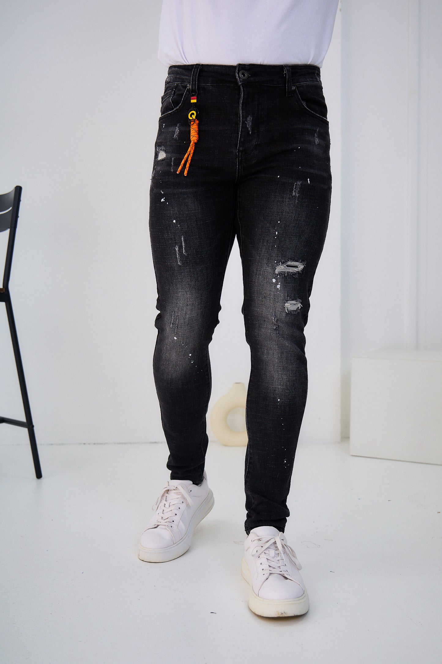 Jeans Homme Déchiré Noir Délaver Peinture Blanc C253
