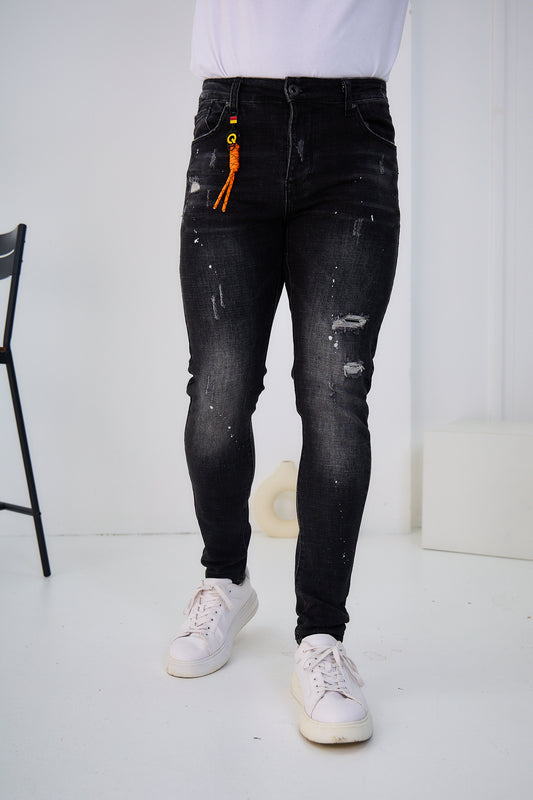 Jeans Homme Déchiré Noir Délaver Peinture Blanc C253