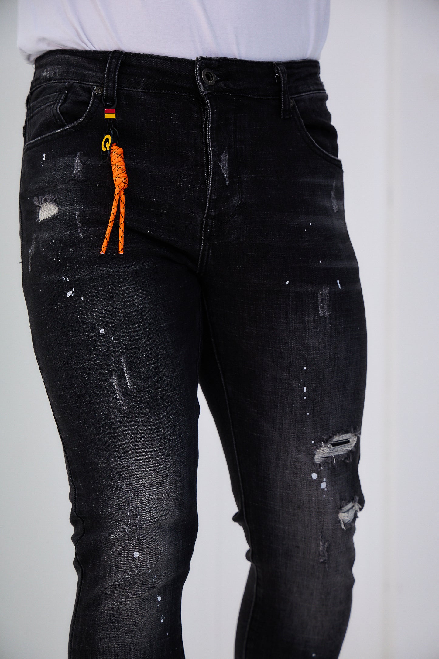 Jeans Homme Déchiré Noir Délaver Peinture Blanc C253