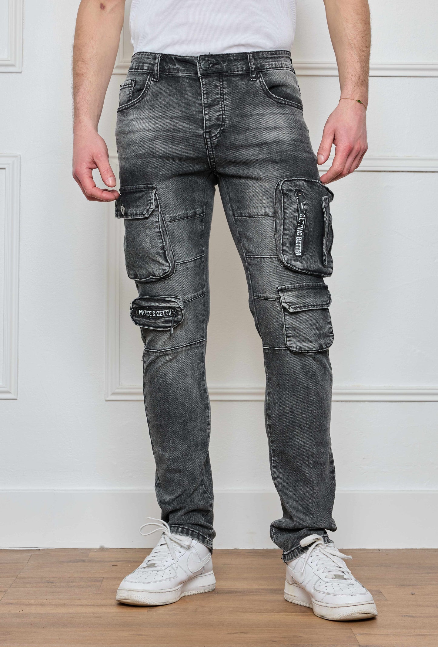 Pantalon Jeans Cargo Gris Délavé