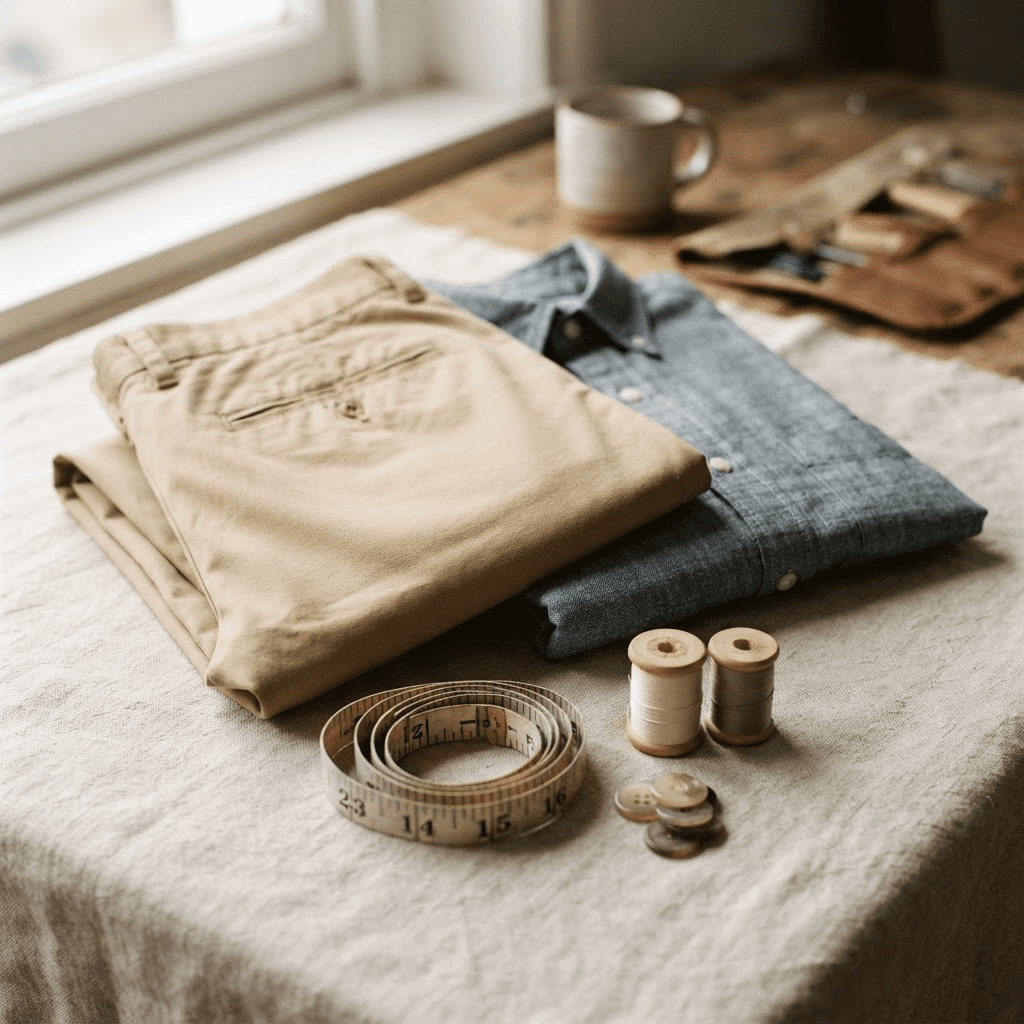 Chino et chemise en chambray Omnimen pliés sur du lin naturel