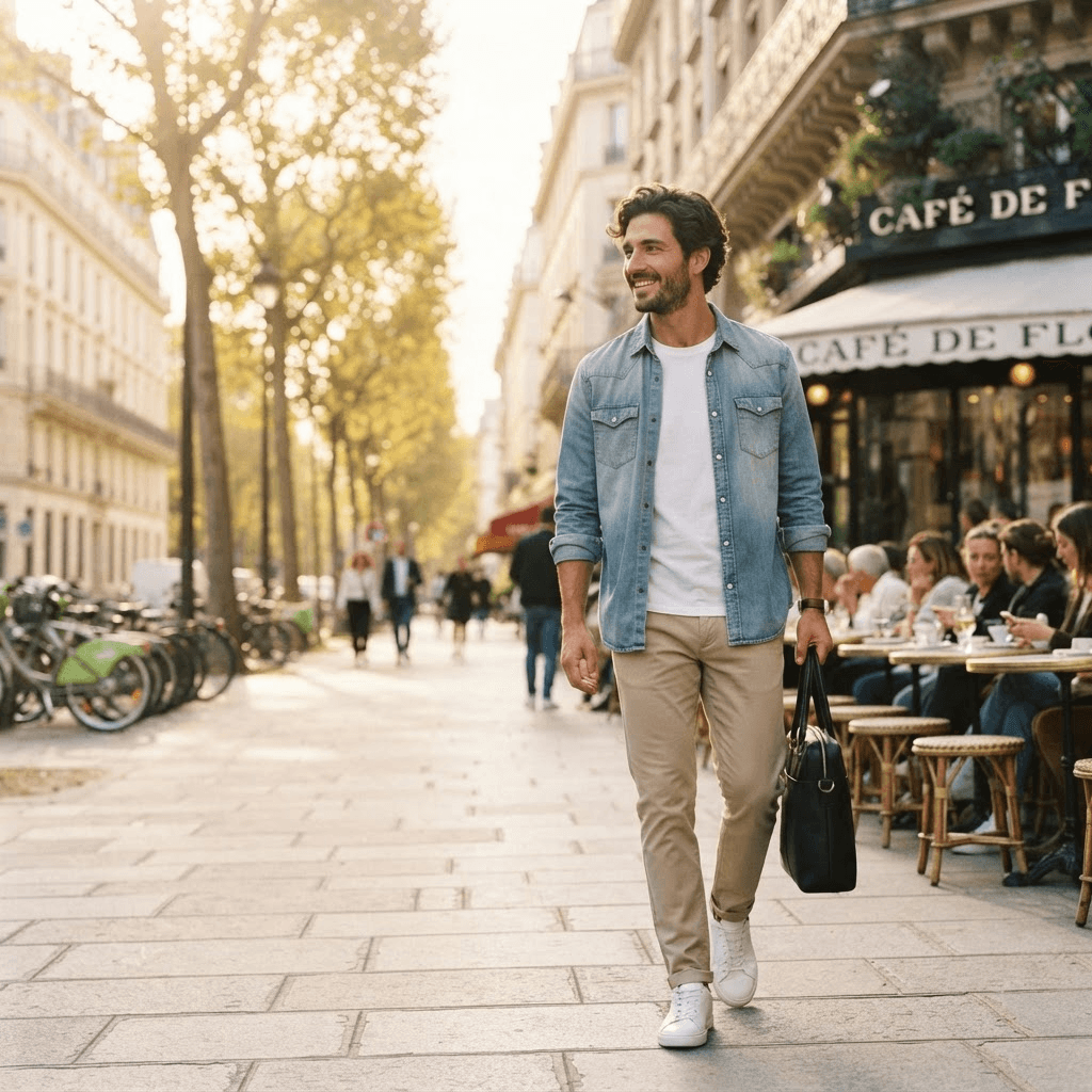 Homme marchant dans une rue parisienne ensoleillée, vêtu d'une chemise en jean claire, d'un t-shirt blanc et d'un chino beige, un sac cabas noir à la main