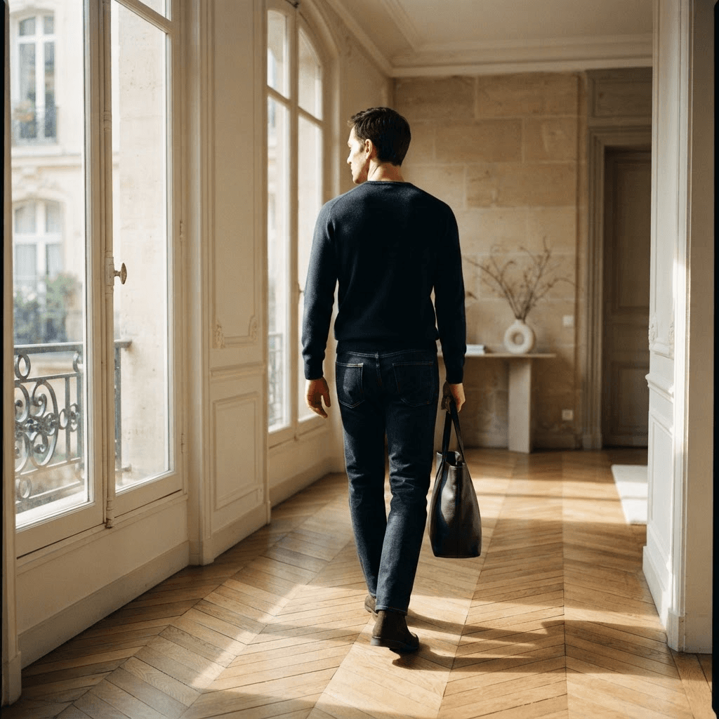 Silhouette masculine en denim indigo dans un intérieur parisien