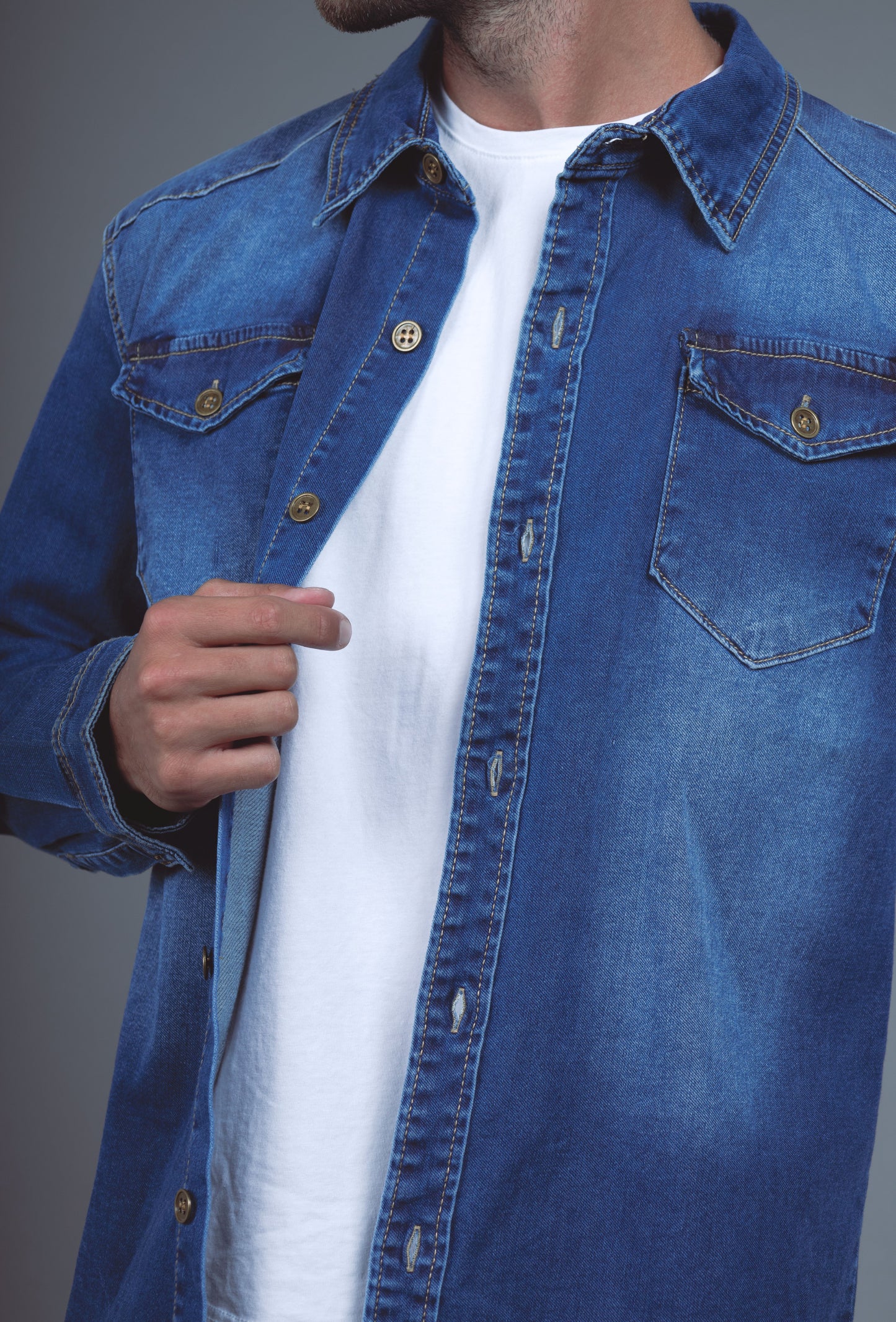 Chemise Jeans Manche Longue Bleu Brut