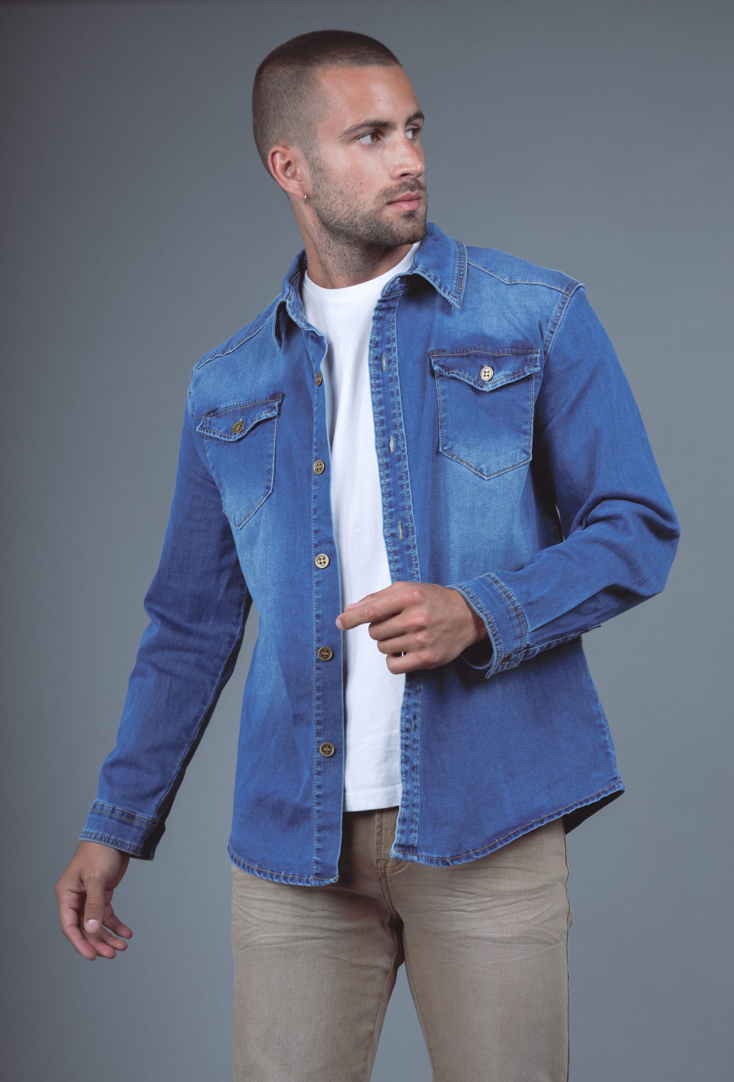 Chemise Jeans Manche Longue Bleu Délavé