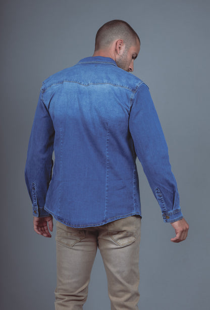Chemise Jeans Manche Longue Bleu Délavé