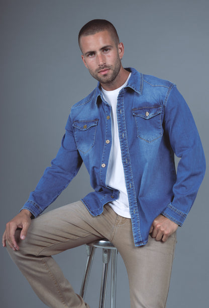 Chemise Jeans Manche Longue Bleu Délavé